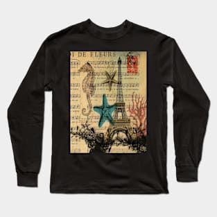 music notes ocean seashells vintage eiffel tower Long Sleeve T-Shirt